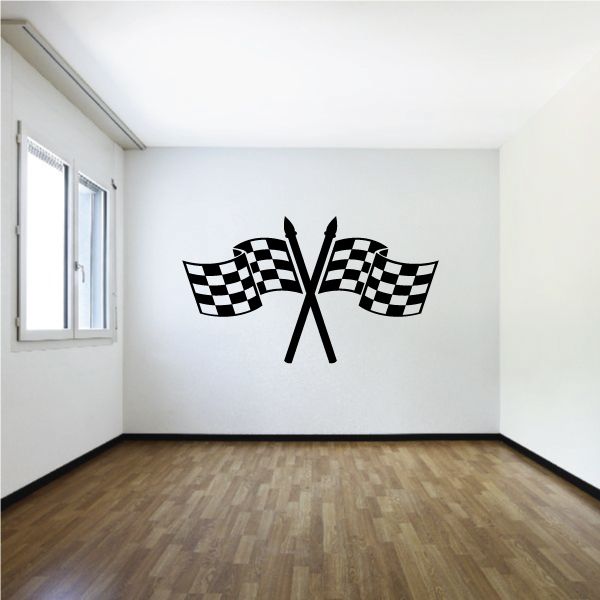 Crossed checkered flag wall decal in black and white vinyl