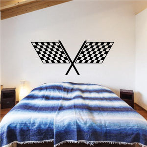 Checkered flag wall decal with two crossed black-and-white flags