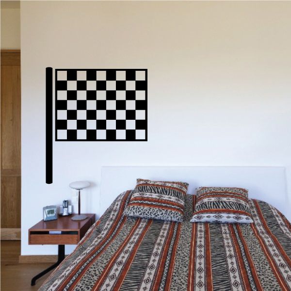 Checkered flag wall decal with black and white pattern flag on vertical pole