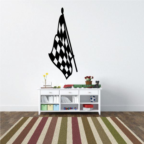Checkered flag wall decal, black and white vinyl flag with pole silhouette.
