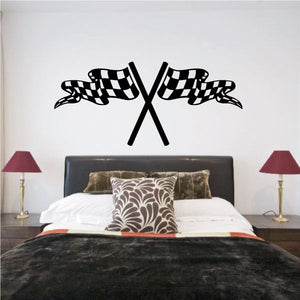 Checkered flag wall decal with two crossed black-and-white flags and ribbon ends