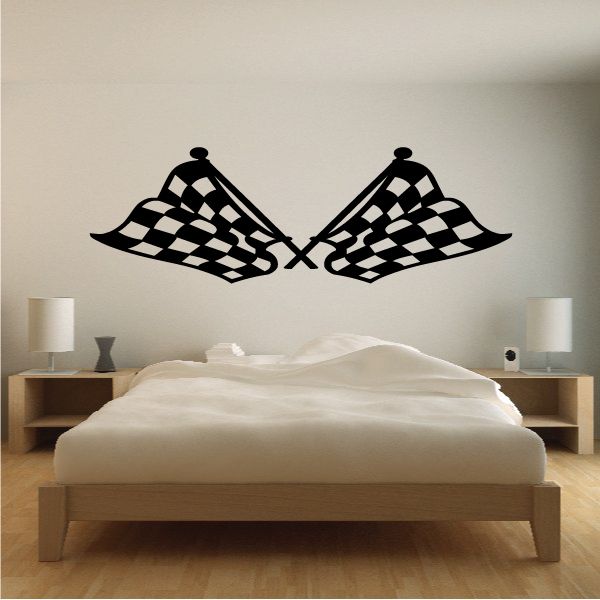 Checkered flag wall decal with crossed black-and-white flags, vinyl sticker