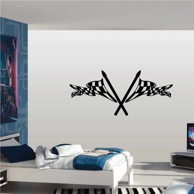 Checkered flag wall decal featuring two crossed black-and-white flags