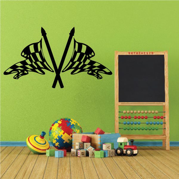 Checkered flag wall decal with two crossed black-and-white flags