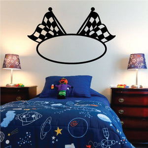 Checkered flag wall decal with two black-and-white flags and oval center