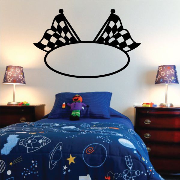 Checkered flag wall decal with two black-and-white flags and oval center