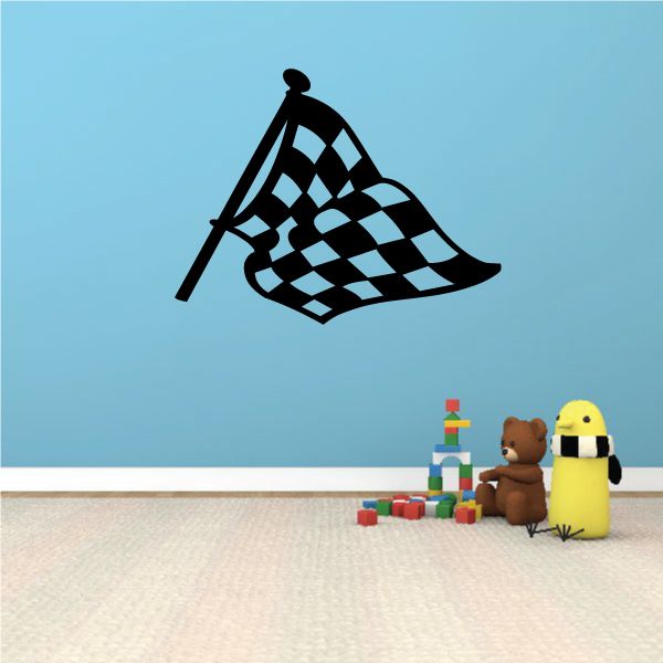 Black and white checkered flag vinyl wall decal with flagpole silhouette