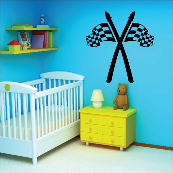 Crossed checkered racing flag wall decal, black and white vinyl
