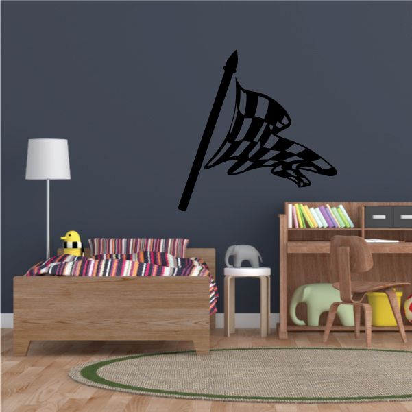 Checkered flag wall decal with black pole and black-and-white checkered banner