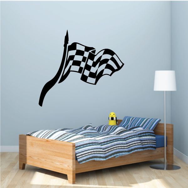 Checkered racing flag wall decal, black and white checkered pattern with pole