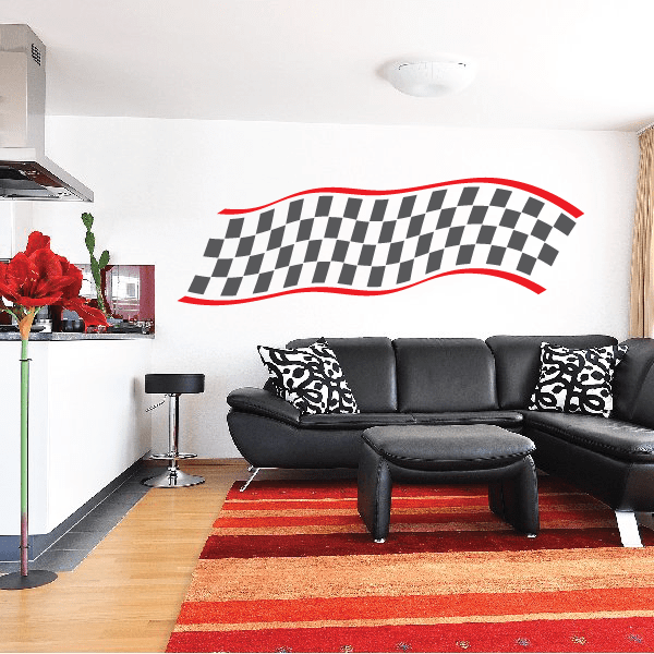 Checkered flag wall decal sticker with black and white checkered flag and red outline