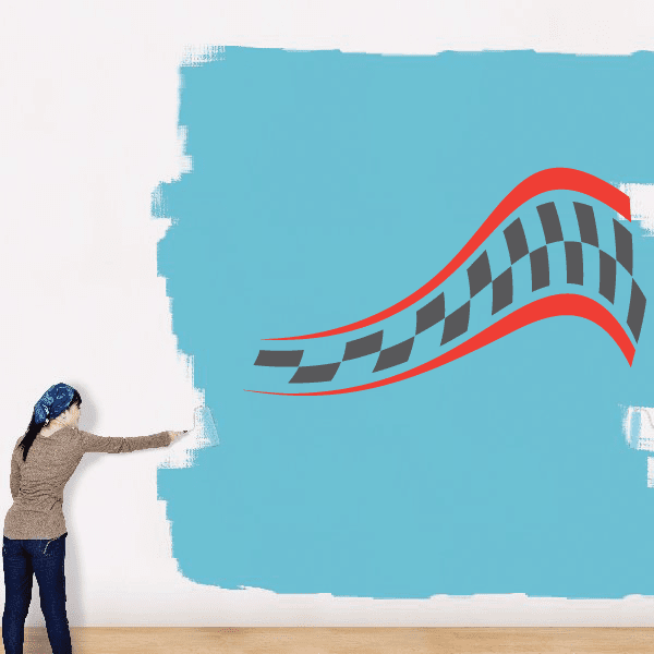 Checkered flag wall decal: wavy black-and-white checkered strip with red outline
