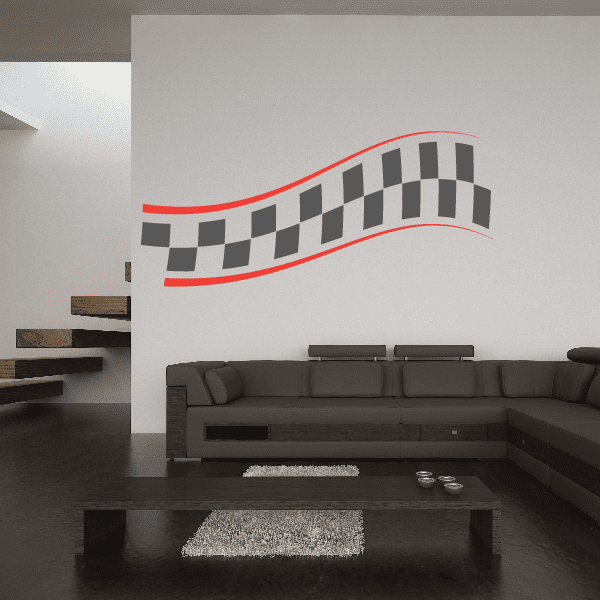 Checkered flag wall decal with black-and-white checkered banner and red outline.