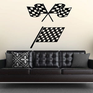 Racing checkered flags wall decal with crossed flags and one banner, black and white