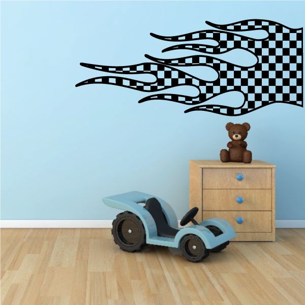 Checkered flames wall decal with black-and-white checkered flame shapes