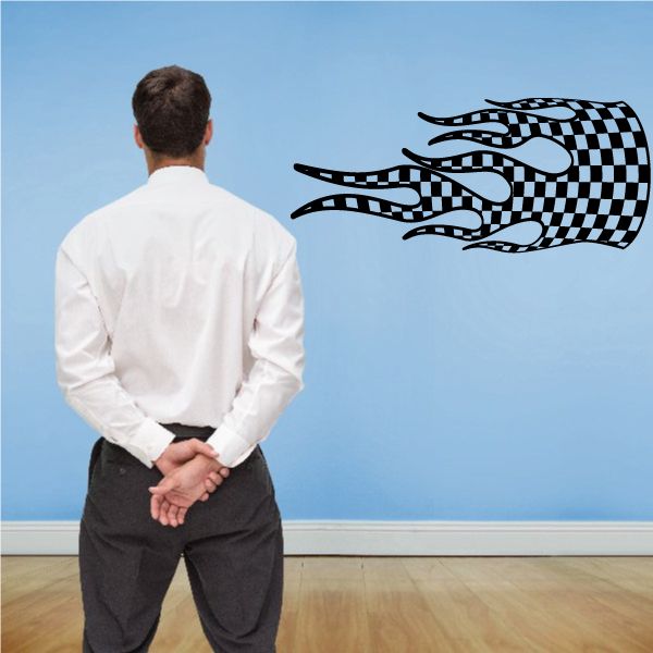 Checkered flame vinyl wall decal in black and white, flame swirl pattern