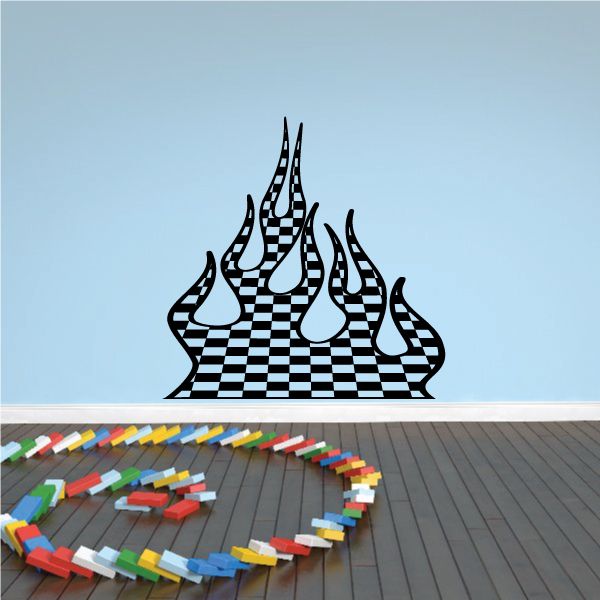 Checkered flames vinyl decal with blue flame accents for wall or car