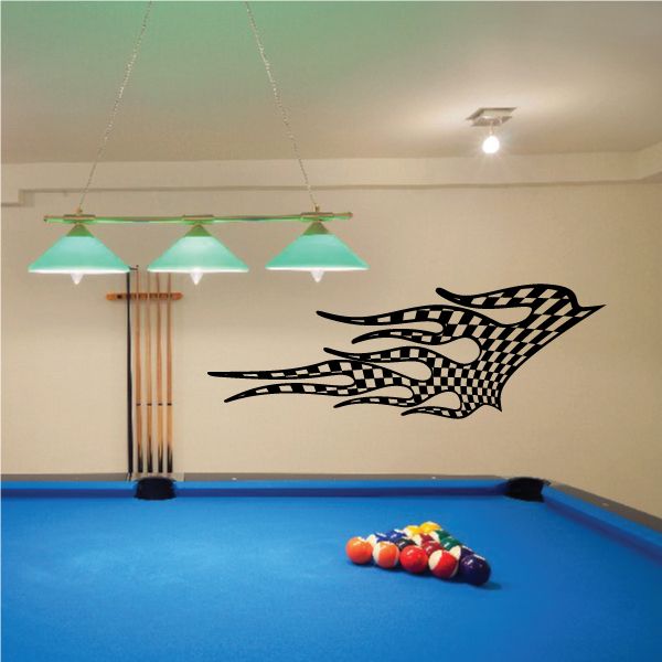 Checkered flame wall decal with black and white striped flame graphic