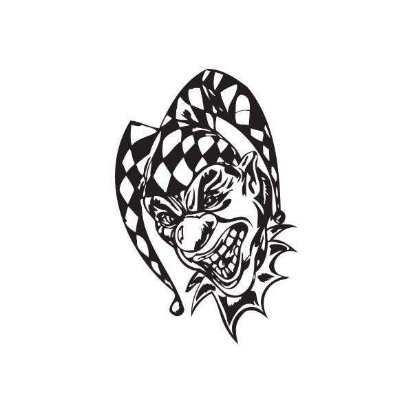 Checkered jester head decal in black and white with jagged face outline