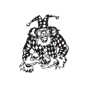 Black-and-white checkered jester juggling decal with clown face and floppy hat