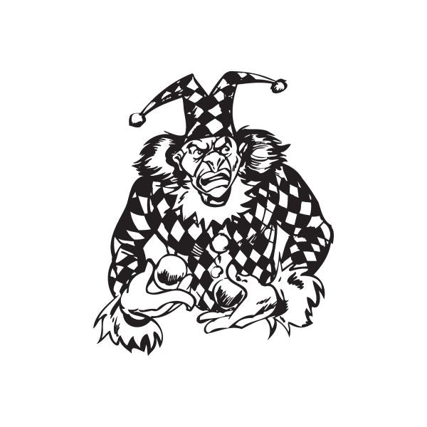 Black-and-white checkered jester juggling decal with clown face and floppy hat