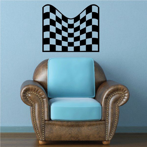 Checkered pattern vinyl wall decal in black and white, curved flag shape