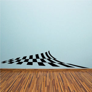 Checkered stripe vinyl wall decal with sweeping black-and-white curved pattern