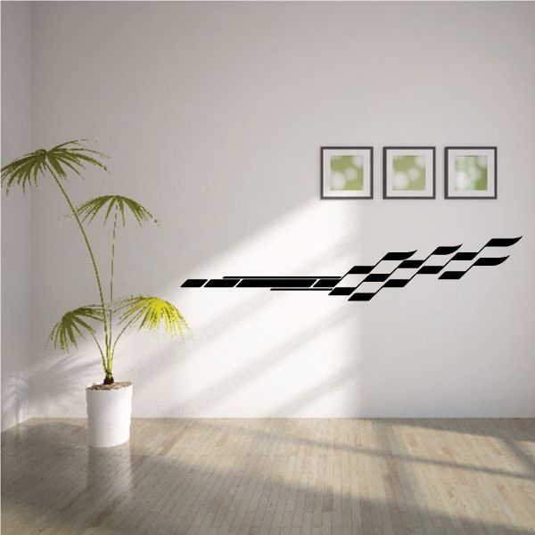 Checkered side stripe vinyl wall decal, black and white racing pattern with chevrons