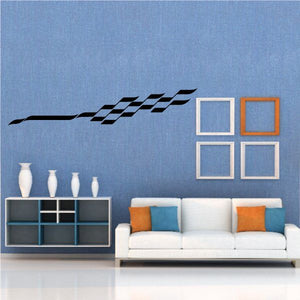 Checkered vinyl wall decal with black racing stripe and square blocks