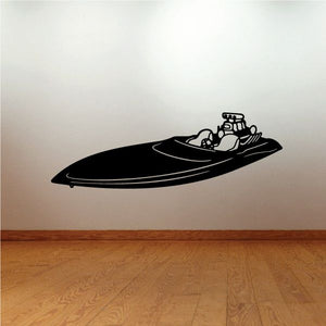 Black speedboat wall decal with driver and checkered flag detail