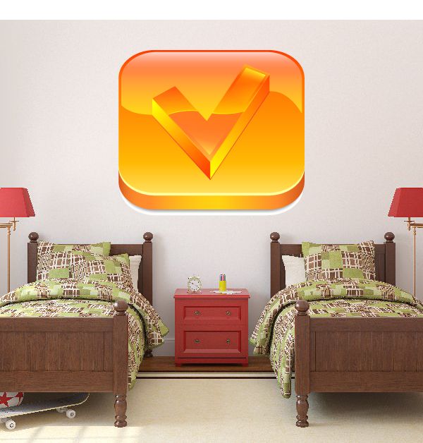 Orange and yellow checkmark vinyl wall decal with glossy 3D V shape