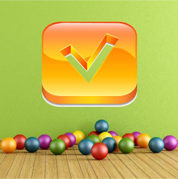 Vinyl checkmark wall decal: orange and green 3D check inside rounded square.