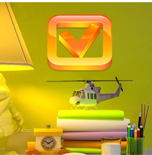 Checkmark wall decal with rounded square frame, orange and yellow vinyl