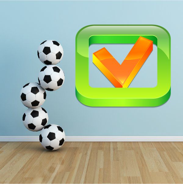 Orange checkmark vinyl wall decal in green square frame