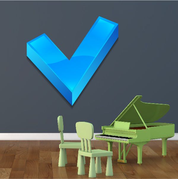 Blue vinyl checkmark wall decal, V-shaped bold design
