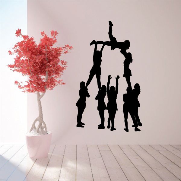 Cheerleader group wall decal, black silhouettes of cheering poses