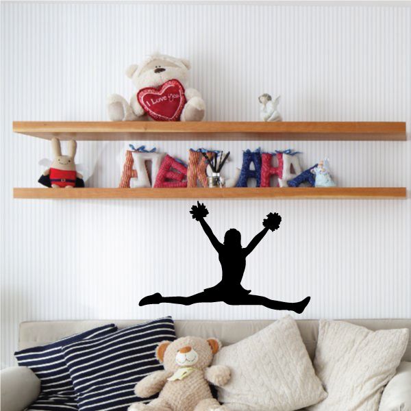 Cheer wall vinyl decal with black cheerleader silhouette and pom-poms