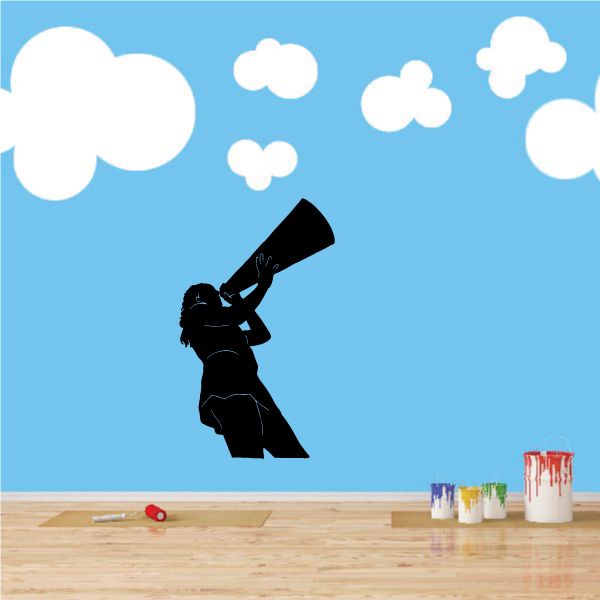 Black cheerleader wall vinyl decal with megaphone and white clouds