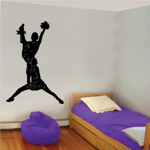 Cheer wall decal vinyl with black cheerleader holding pom-poms silhouette