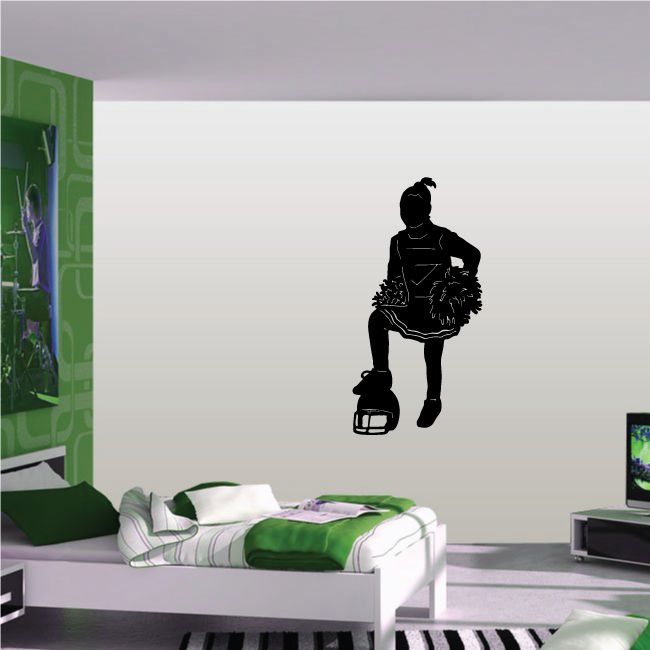 Black cheerleader vinyl wall decal silhouette holding pom-poms and megaphone