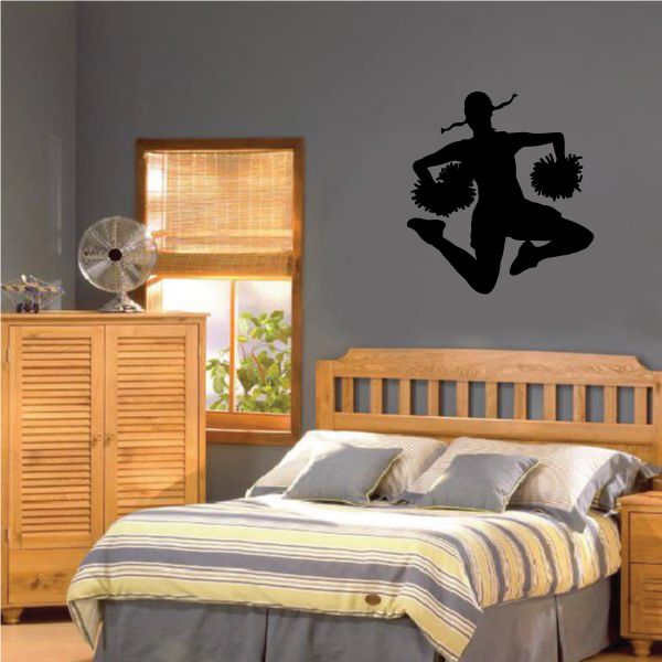 Cheerleading wall decal silhouette, black vinyl cheerleader holding pom-poms