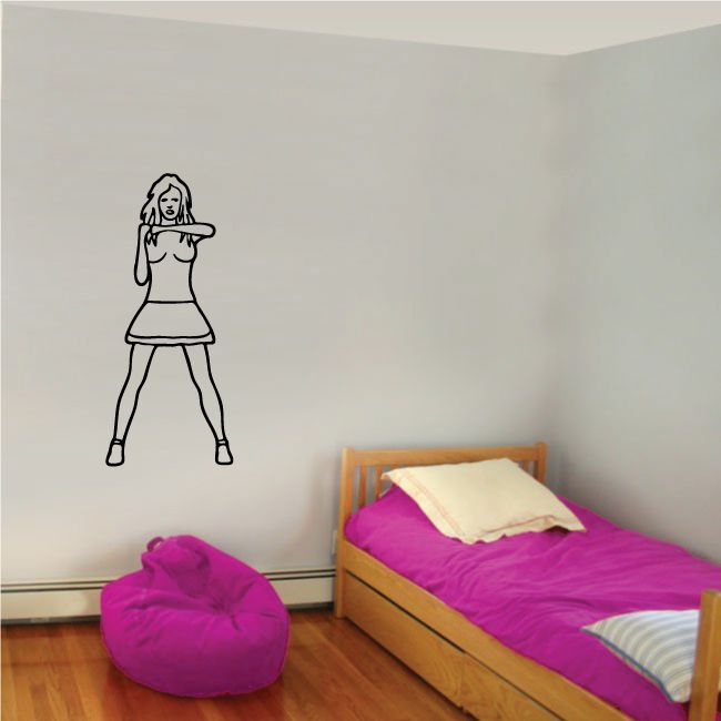 Cheerleader wall decal, line drawing of cheerleader holding a megaphone