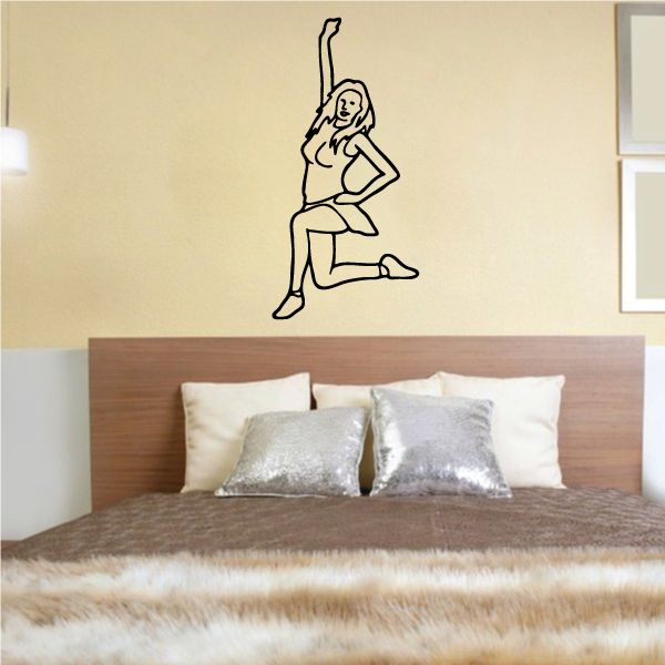 Cheer wall vinyl decal, black line-art cheerleader kneeling with megaphone