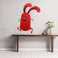 Red Easter bunny sticker with curled ears and smiling face, waving arms