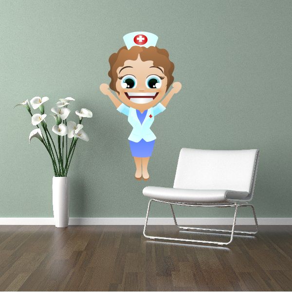 Cheerful nurse sticker of smiling cartoon nurse in blue scrubs with red cross hat
