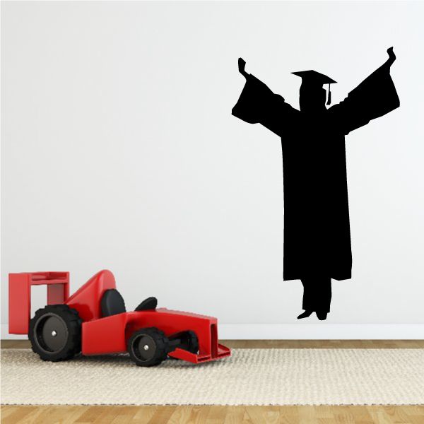 Graduation decal of cheering female graduate silhouette with cap and gown