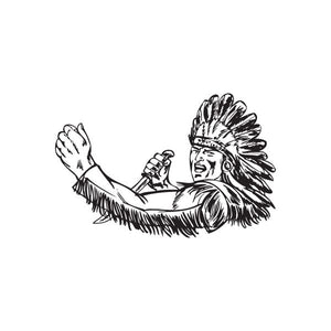 Cheering Native American warrior decal with headdress, raised arms, and shouting face