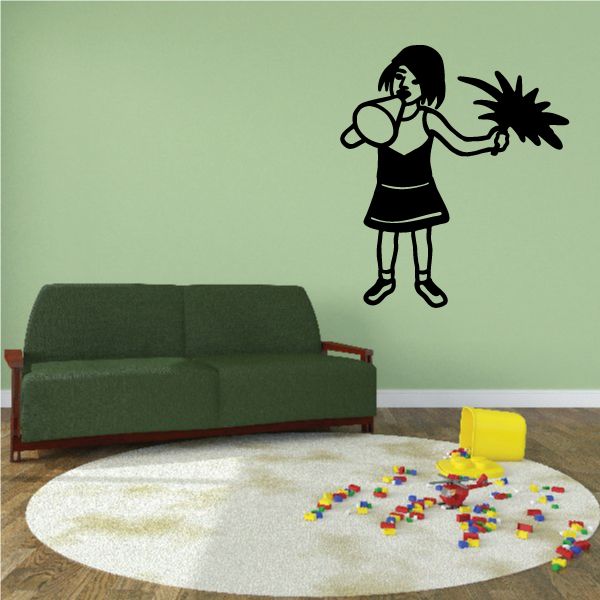 Cheerleader vinyl wall decal of black mascot figure cheering with pom-poms