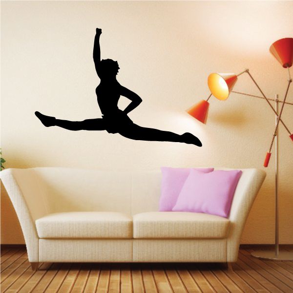 Cheerleading cheer wall decal, black silhouette cheerleader in mid-split pose