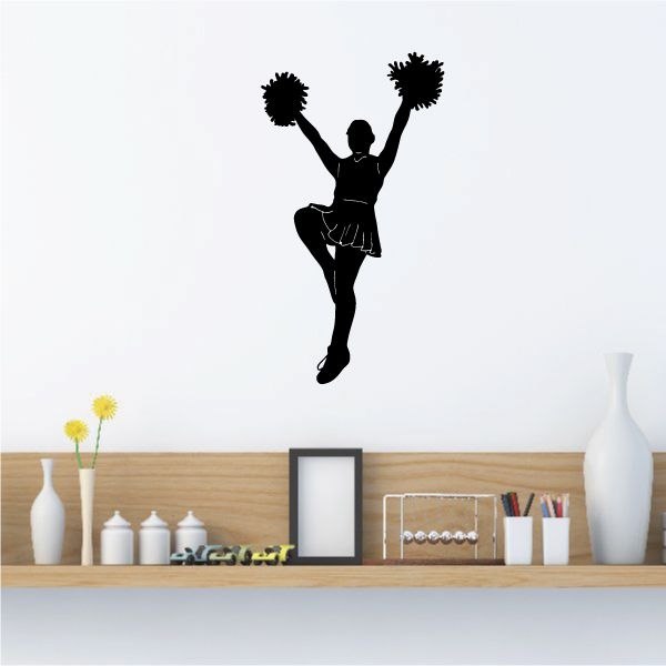 Cheerleading wall decal of black cheerleader silhouette holding pom-poms